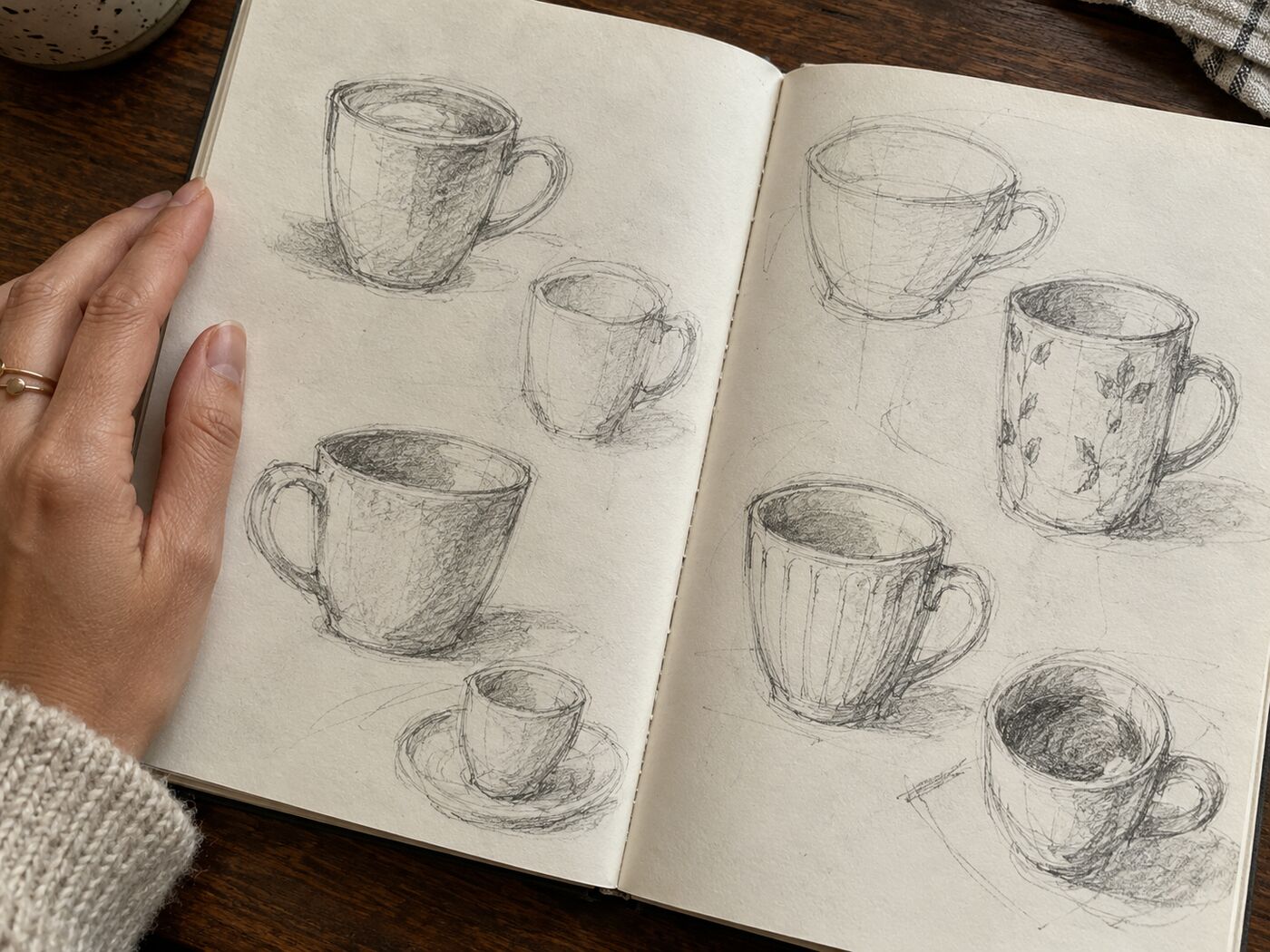 A sketchbook spread with loose pencil drawings of coffee cups