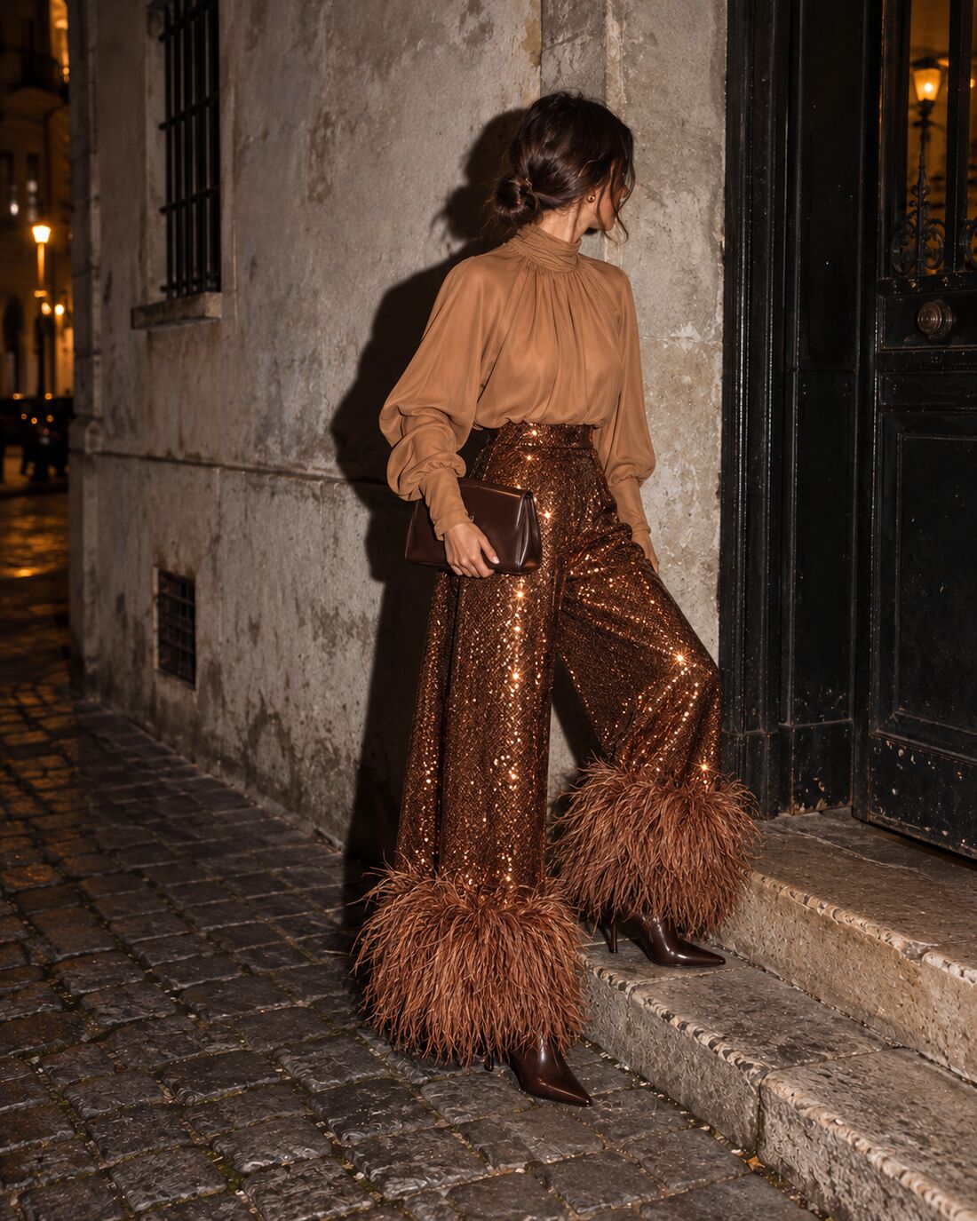 A caramel blouse with sequin and feather trousers