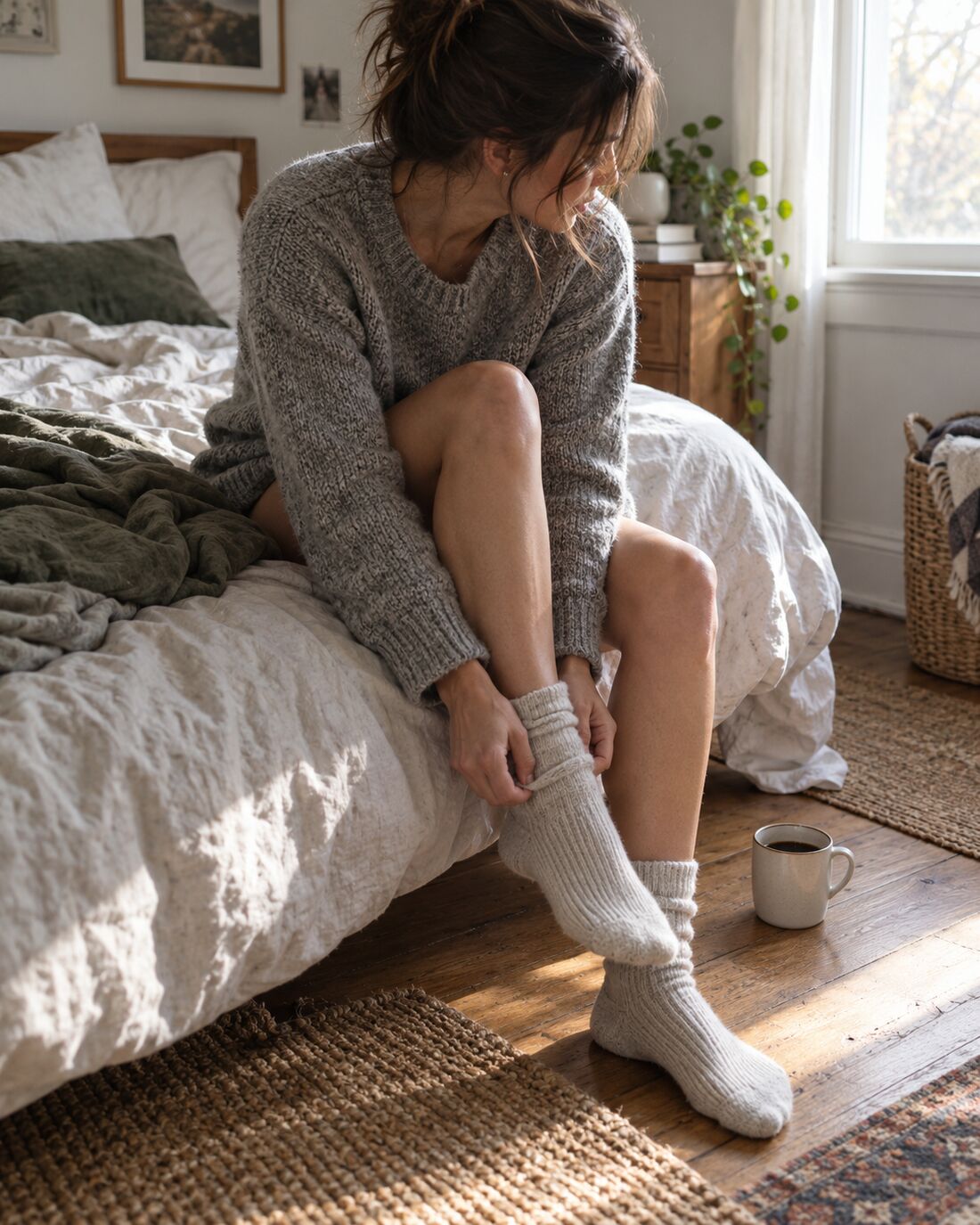 A woman in a gray sweater sitting on the edge of the bed, pulling on her socks
