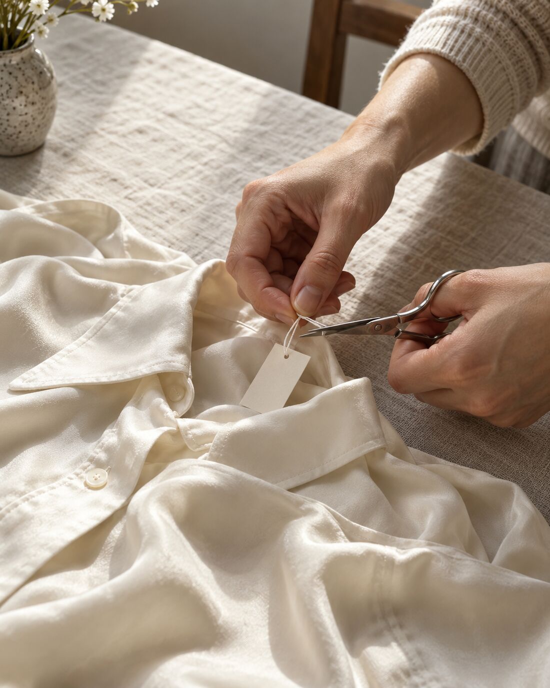 Hands cutting the tag off a silk shirt
